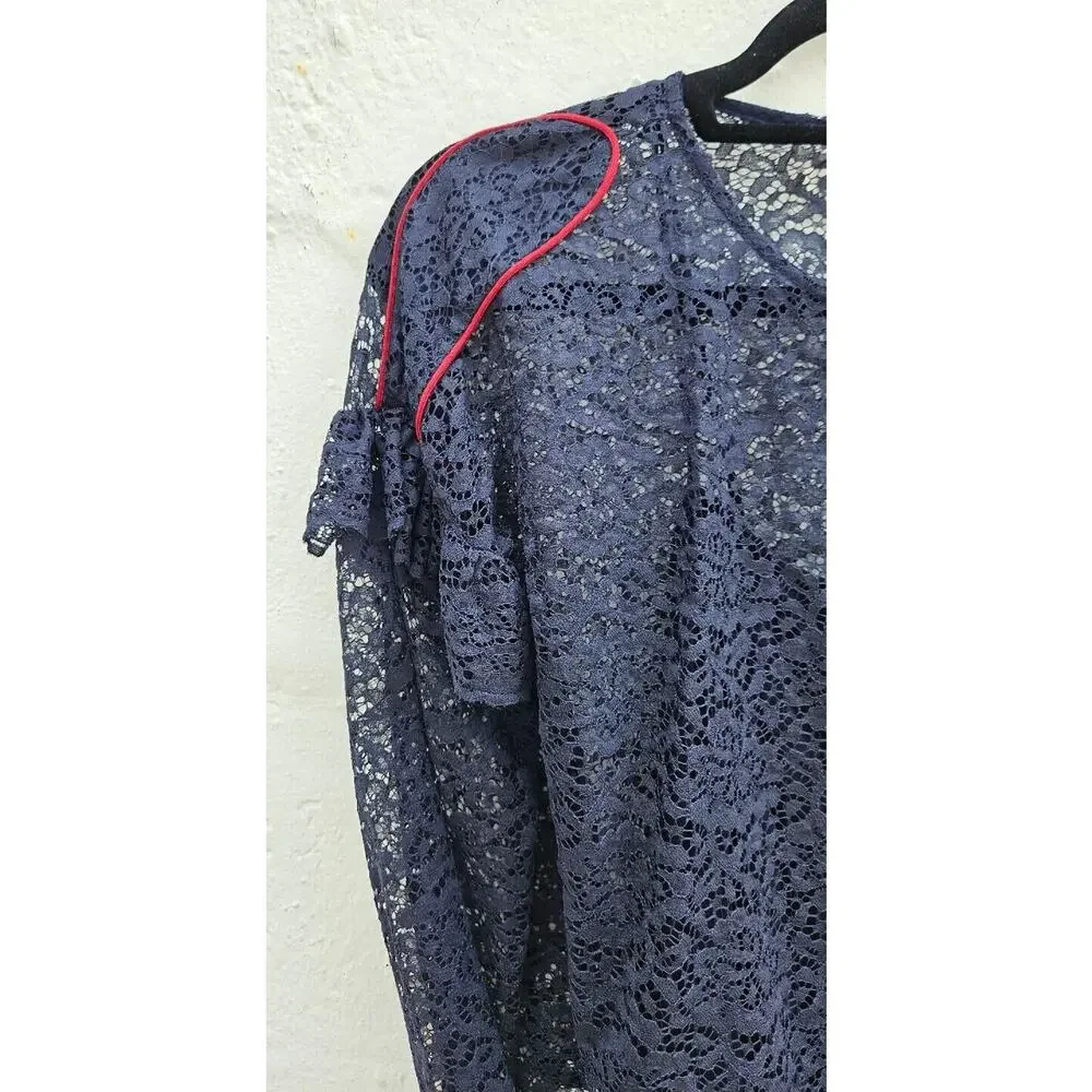 Zara Top Womens Small Midnight Blue Cropped Lace Ruffle‎ Sheer Fairy Whimsigoth